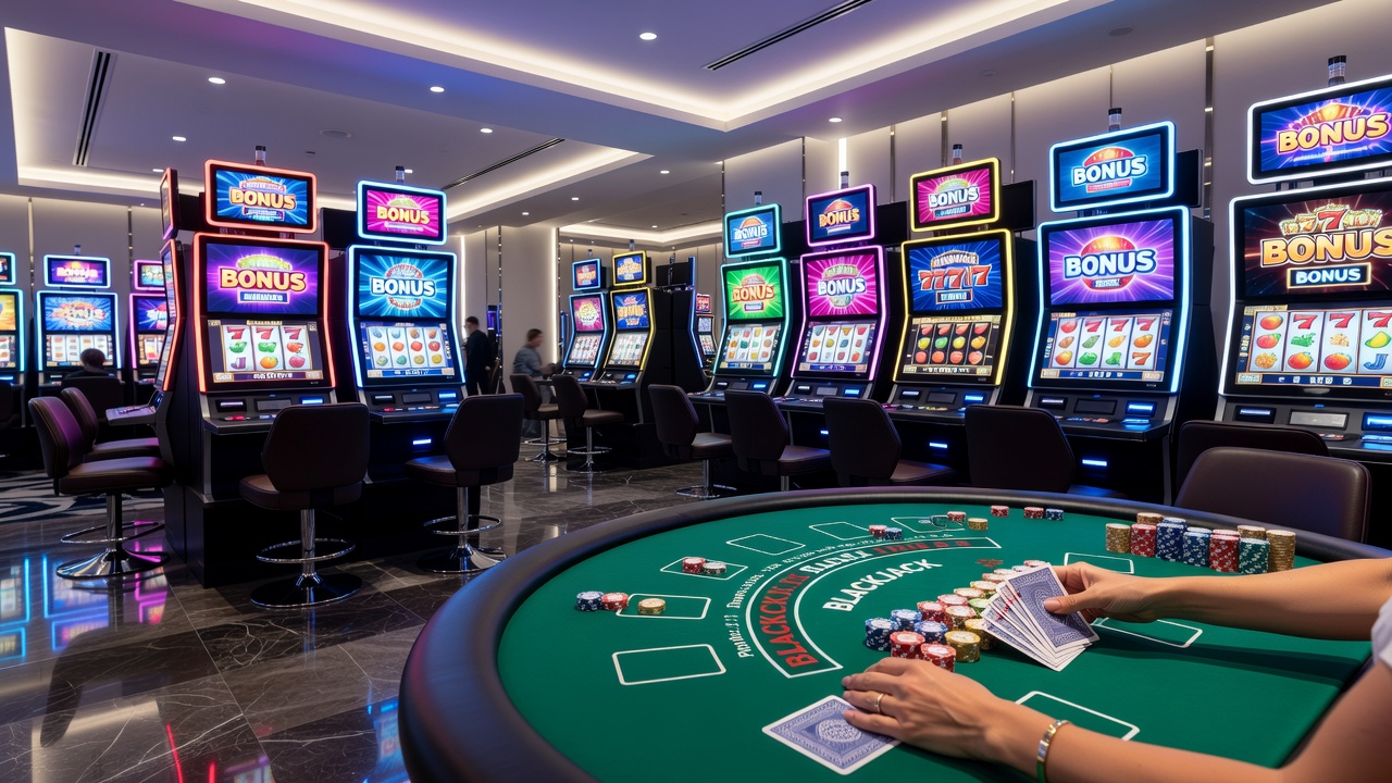 Close-up view of casino chips and playing cards on a gaming table