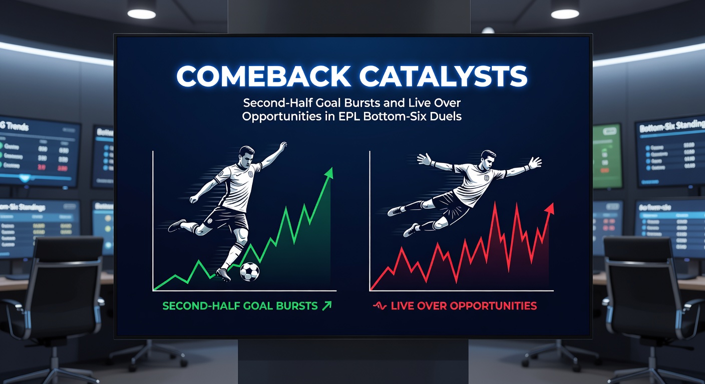 Graph showing second-half goal distribution in EPL bottom-six matches, with peaks at 60-70 minutes and live odds overlays