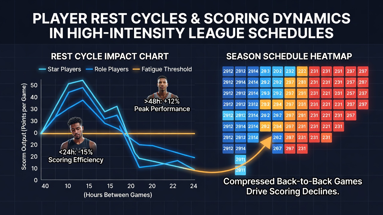 Infographic displaying goal timing distributions in matches with varying player rest intervals