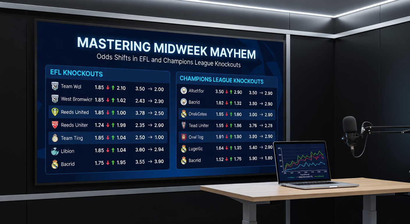 Close-up of a bookmaker's screen displaying rapid odds changes during a Champions League knockout stage match