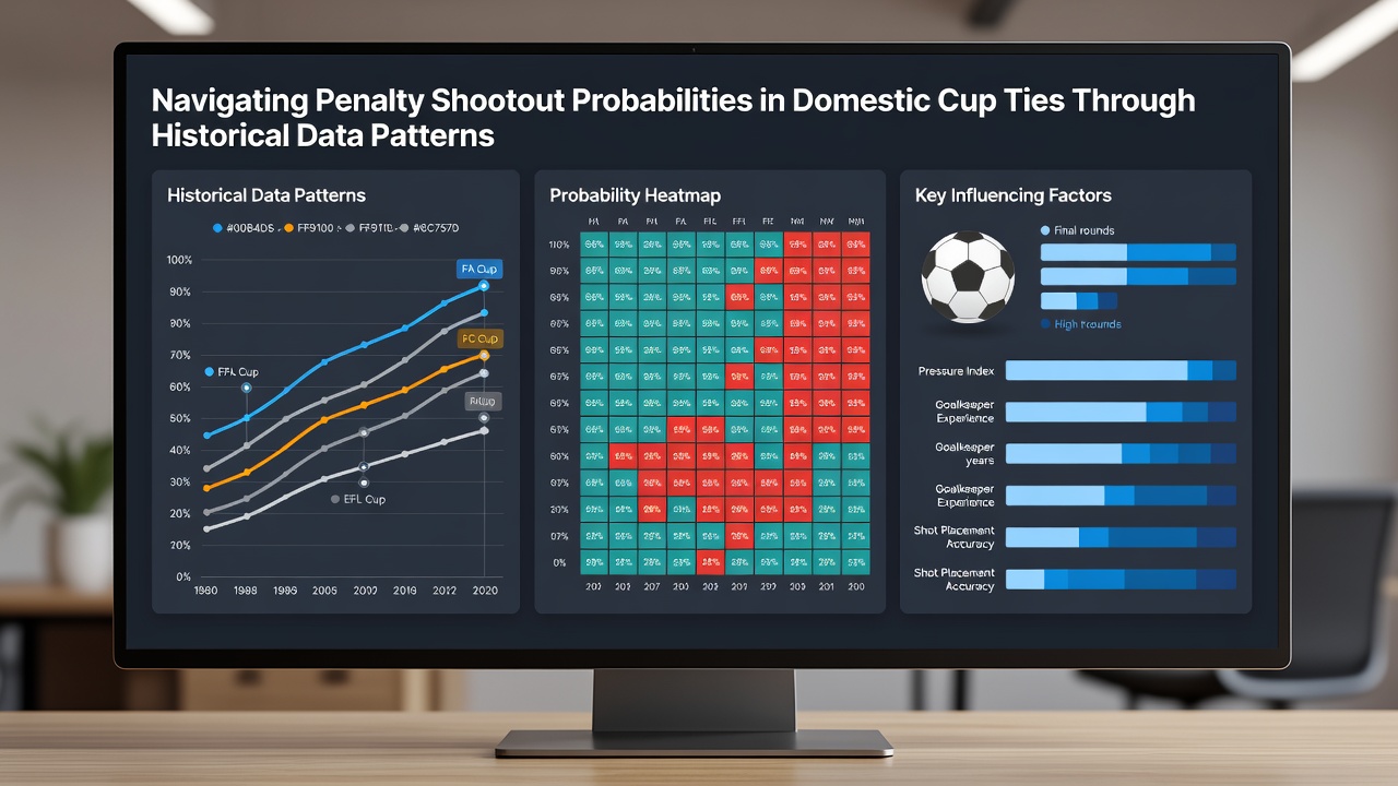 Close-up of penalty shootout moment with statistical probability charts superimposed, illustrating data patterns from past domestic cup ties