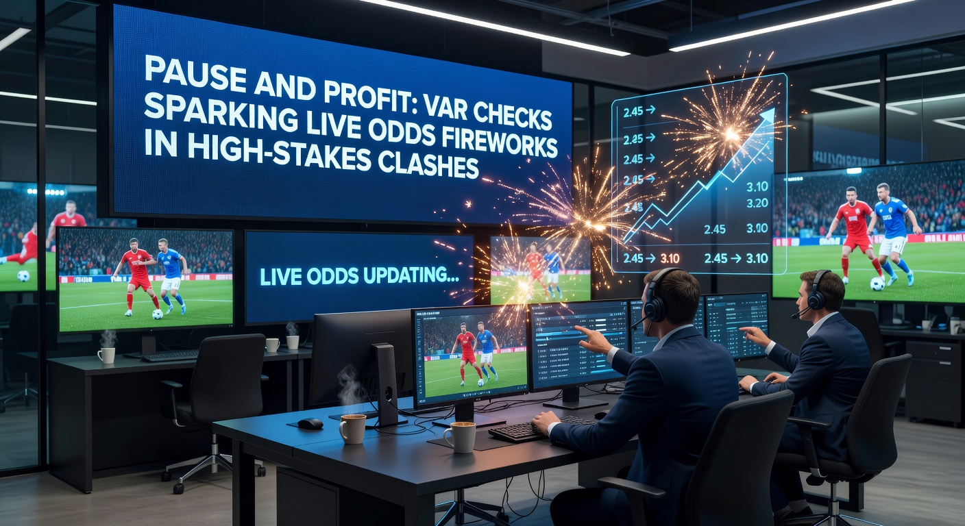 Close-up of live betting interface during a VAR review in a Champions League semifinal, showing dramatic odds shifts for match winner and total goals markets