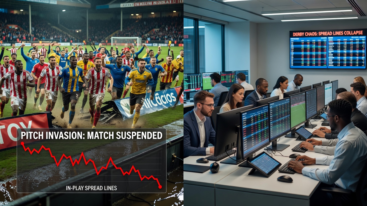 Bookmakers updating live odds screens following a pitch invasion at an English lower league ground