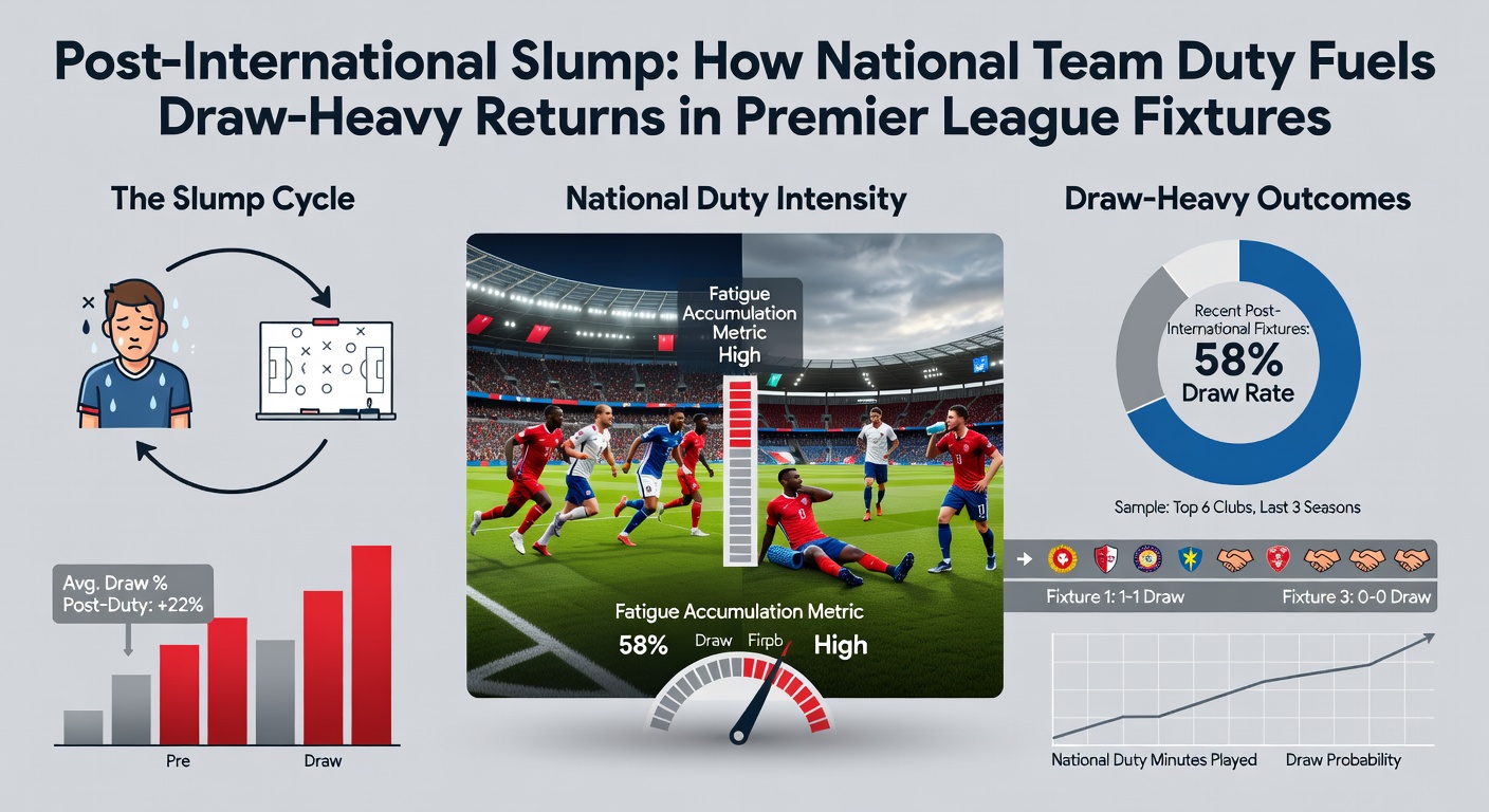 Graph showing elevated draw rates in Premier League fixtures post-international breaks, with bars spiking after key windows like March and November