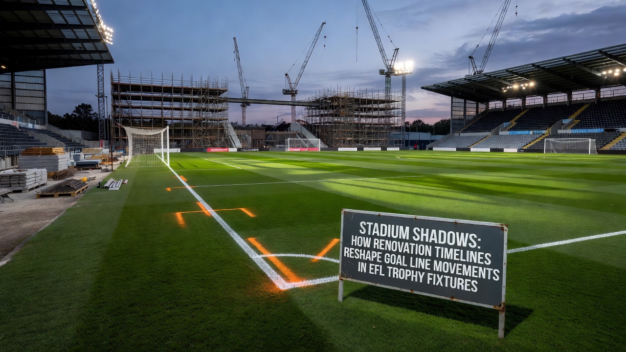 Close-up of temporary goal line markings on a pitch during EFL Trophy match with construction barriers in background