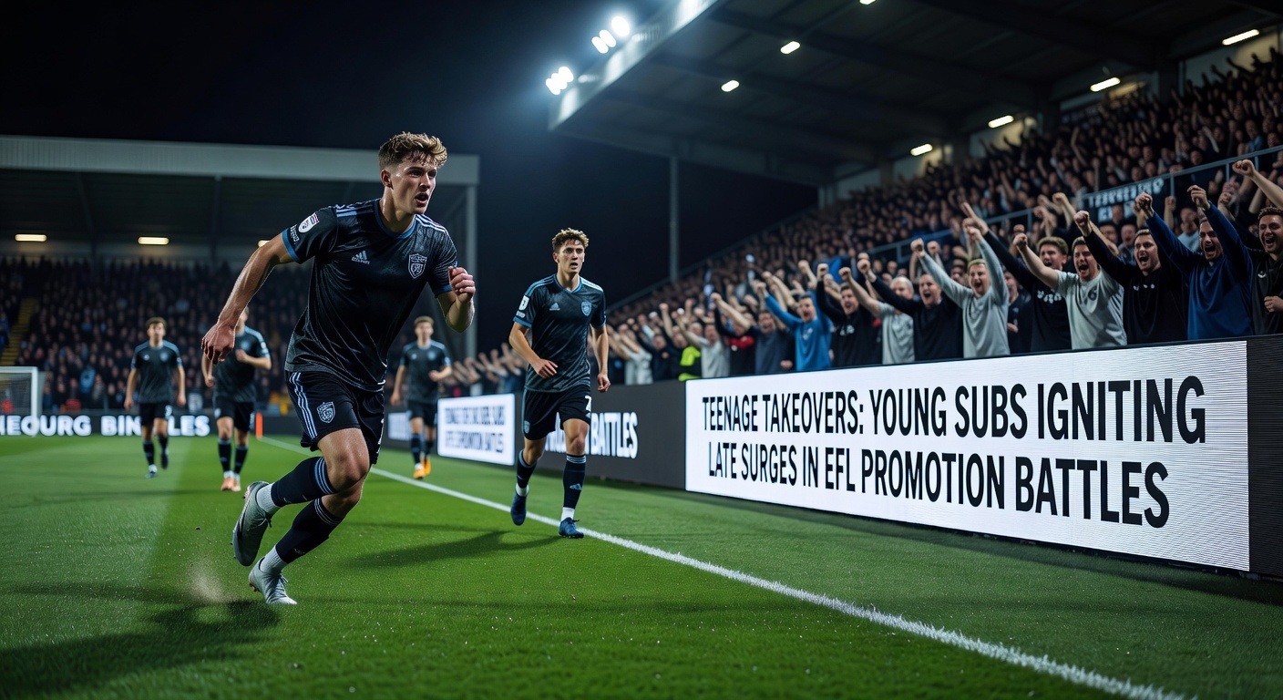 Close-up of a young EFL academy product wheeling away in celebration after a 90th-minute winner, teammates piling on amid stadium lights
