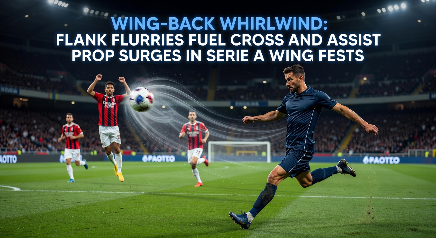 Dynamic Serie A wing-back evading a tackle on the flank before launching a cross toward a surging forward in a packed stadium atmosphere